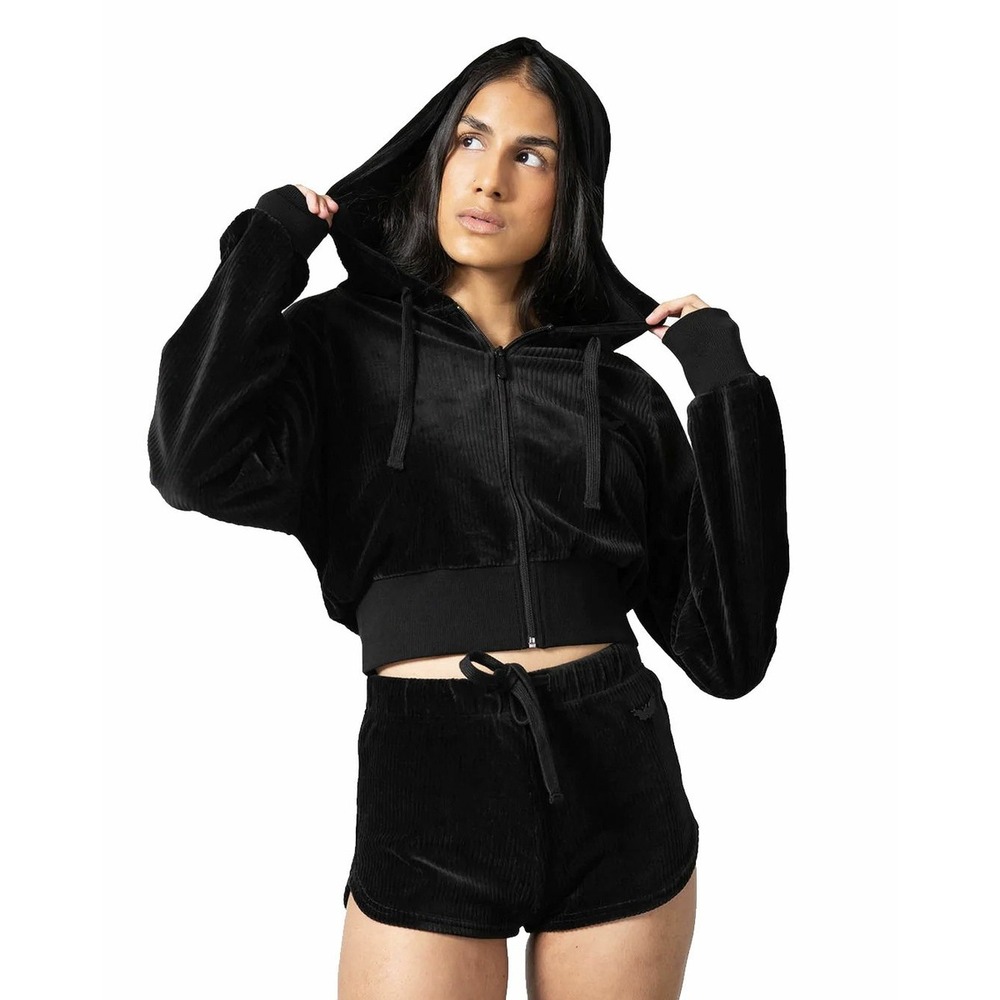 Killstar Eternal Rest Zip Hoodie S Black Ribbed Velour Goth Cropped Bat Charm